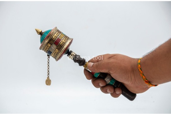 10-Inch Handheld Tibetan Prayer Wheel – Mantra Engraved & Stone Decorated