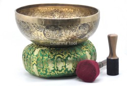 Green Tara Etched Large Tibetan Singing Bowl – Tibetan Mantras, Ashtamangala & Flower of Life