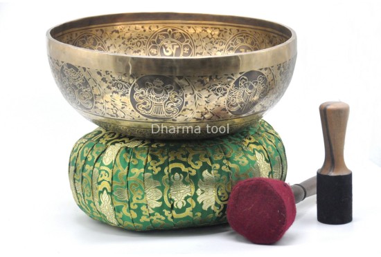 Green Tara Etched Large Tibetan Singing Bowl – Tibetan Mantras, Ashtamangala & Flower of Life