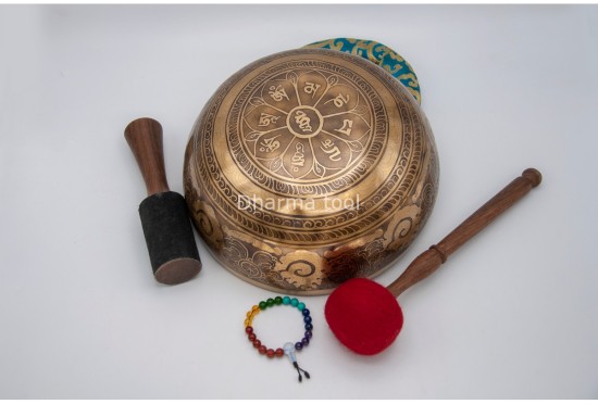 Tibetan Conch Singing Bowl with Ashtamangala & Lotus Mantra Mandala