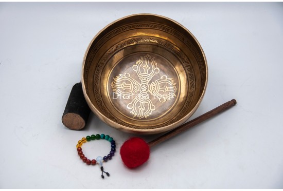 Double Dorje Tibetan Singing Bowl with Tibetan Mantra & Conch Symbol