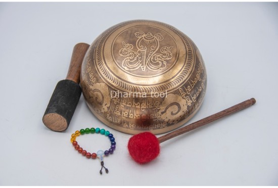 Double Dorje Tibetan Singing Bowl with Tibetan Mantra & Conch Symbol