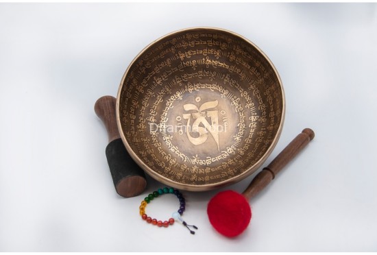 Tibetan Om Singing Bowl with Full Tibetan Mantra & Double Dorje Symbol
