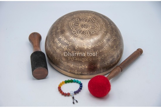 Tibetan Om Singing Bowl with Full Tibetan Mantra & Double Dorje Symbol