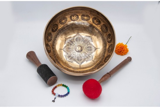 Lotus Flower Tibetan Singing Bowl with Tibetan Mantra & Mantra Mandala