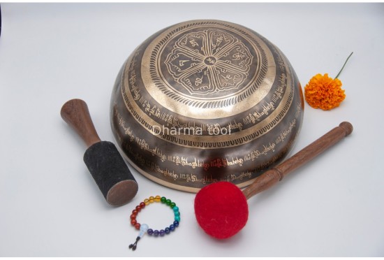 Lotus Flower Tibetan Singing Bowl with Tibetan Mantra & Mantra Mandala