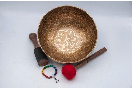 Lotus Flower Tibetan Singing Bowl with Tibetan Mantra & Tibetan Conch Symbol