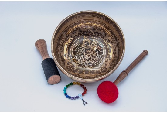 Green Tara Tibetan Singing Bowl with Tibetan Mantra & Mantra Mandala Base