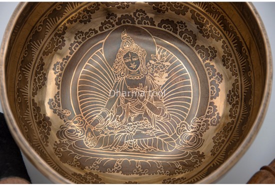 Green Tara Tibetan Singing Bowl with Tibetan Mantra & Mantra Mandala Base