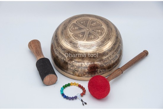 Green Tara Tibetan Singing Bowl with Tibetan Mantra & Mantra Mandala Base