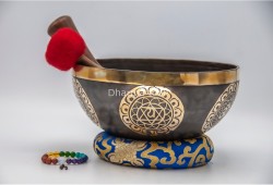 Chakra Symbol Etched Tibetan Singing Bowl – 7 Chakra Symbols Around – Note-Selected Chakra Center