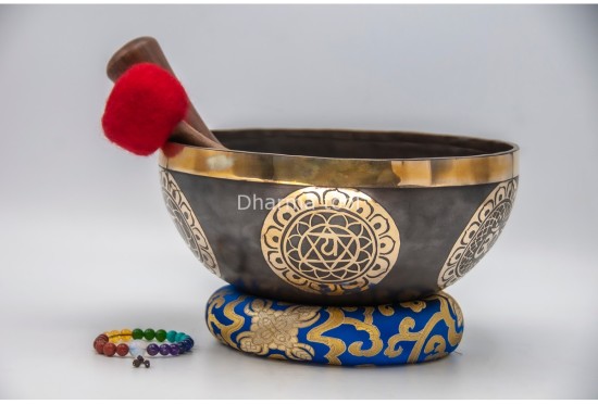 Chakra Symbol Etched Tibetan Singing Bowl – 7 Chakra Symbols Around – Note-Selected Chakra Center