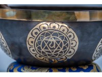 Chakra Symbol Etched Tibetan Singing Bowl – 7 Chakra Symbols Around – Note-Selected Chakra Center