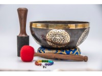 Chakra Symbol Etched Tibetan Singing Bowl – 7 Chakra Symbols Around – Note-Selected Chakra Center