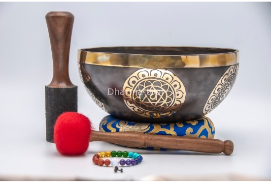 Chakra Symbol Etched Tibetan Singing Bowl – 7 Chakra Symbols Around – Note-Selected Chakra Center