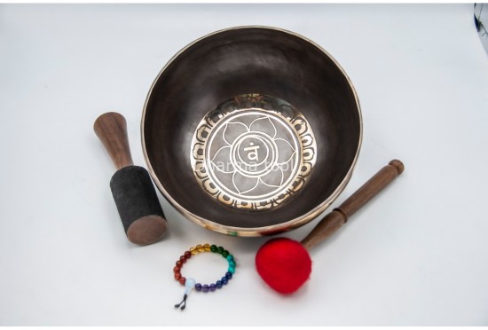 Chakra Symbol Etched Tibetan Singing Bowl – 7 Chakra Symbols Around – Note-Selected Chakra Center