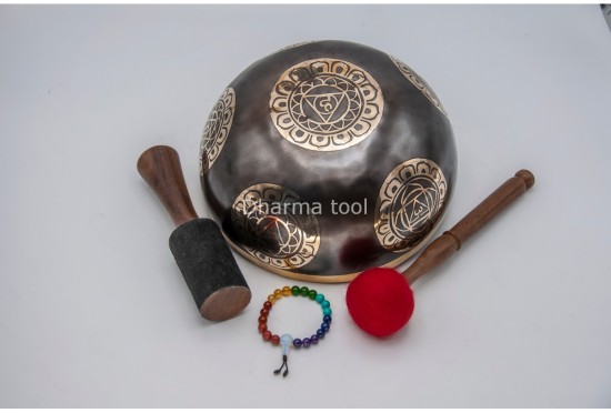 Chakra Symbol Etched Tibetan Singing Bowl – 7 Chakra Symbols Around – Note-Selected Chakra Center
