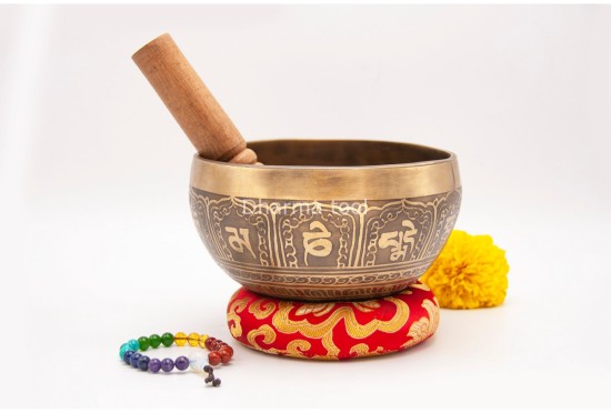 Dharma Chakra Tibetan Singing Bowl with Tibetan Mantra & Buddha Eyes Symbol