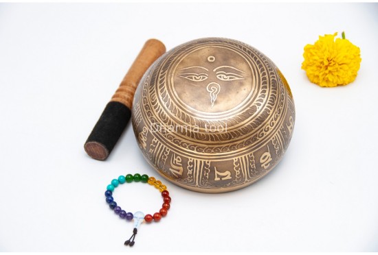Dharma Chakra Tibetan Singing Bowl with Tibetan Mantra & Buddha Eyes Symbol