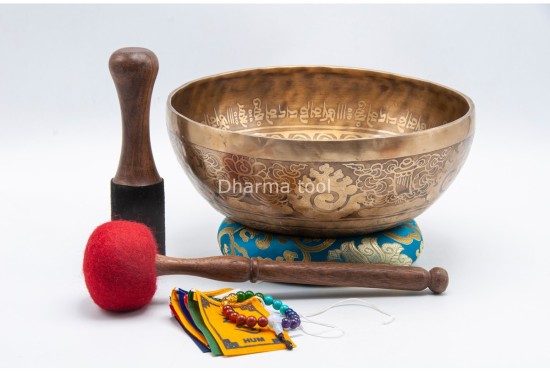 Flower of Life Tibetan Singing Bowl with Ashtamangala & Tibetan Mantra – Multiple Size Options