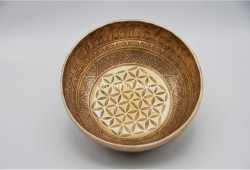 Flower of Life Tibetan Singing Bowl with Ashtamangala & Tibetan Mantra – Multiple Size Options