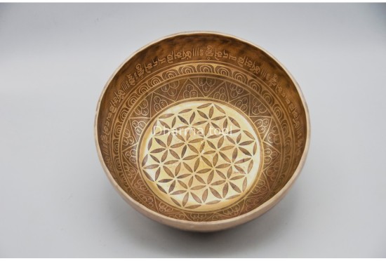 Flower of Life Tibetan Singing Bowl with Ashtamangala & Tibetan Mantra – Multiple Size Options