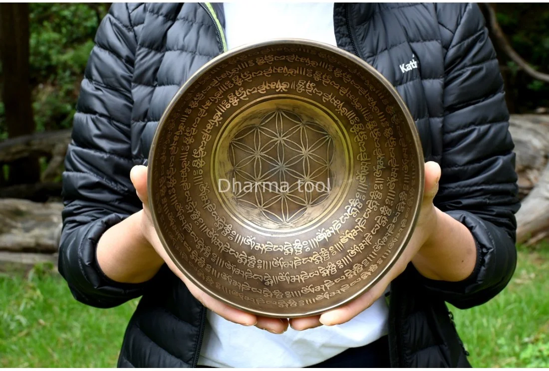 Flower of Life etched Tibetan singing bowl — sacred geometry carving from Nepal Flower of Life sacred geometry etched on a Tibetan singing bowl — interlocking circles in hexagonal form
