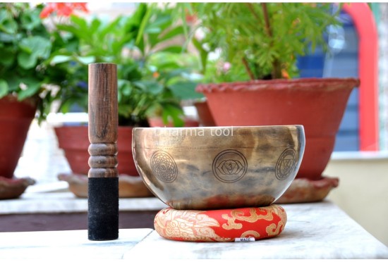 7 Chakra Symbols Engraved Tibetan Singing Bowl – Old Finish (Multiple Size Options)