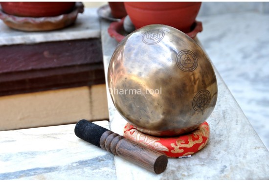 7 Chakra Symbols Engraved Tibetan Singing Bowl – Old Finish (Multiple Size Options)