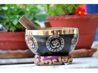 Hindu OM Etched Tibetan Singing Bowl – Black Painted Finish with Golden Interior (Multiple Size Options)