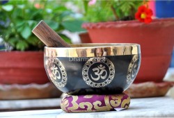 Hindu OM Etched Tibetan Singing Bowl – Black Painted Finish with Golden Interior (Multiple Size Options)