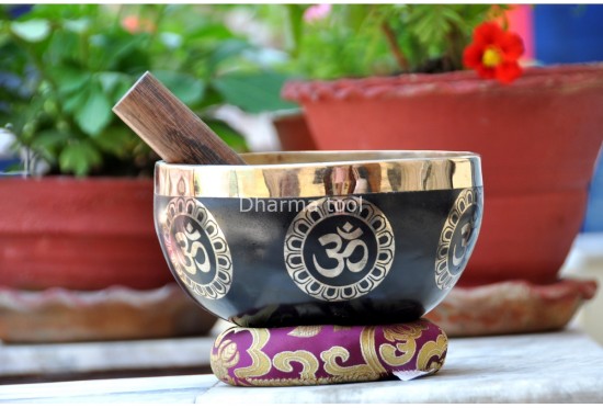 Hindu OM Etched Tibetan Singing Bowl – Black Painted Finish with Golden Interior (Multiple Size Options)