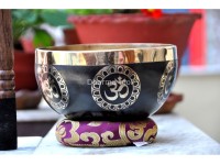 Hindu OM Etched Tibetan Singing Bowl – Black Painted Finish with Golden Interior (Multiple Size Options)