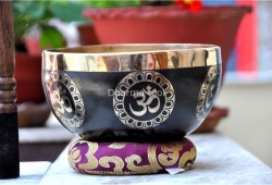 Hindu OM Etched Tibetan Singing Bowl – Black Painted Finish with Golden Interior (Multiple Size Options)