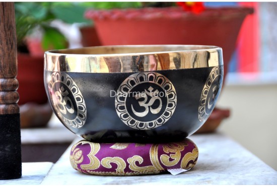 Hindu OM Etched Tibetan Singing Bowl – Black Painted Finish with Golden Interior (Multiple Size Options)