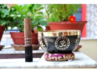 Hindu OM Etched Tibetan Singing Bowl – Black Painted Finish with Golden Interior (Multiple Size Options)