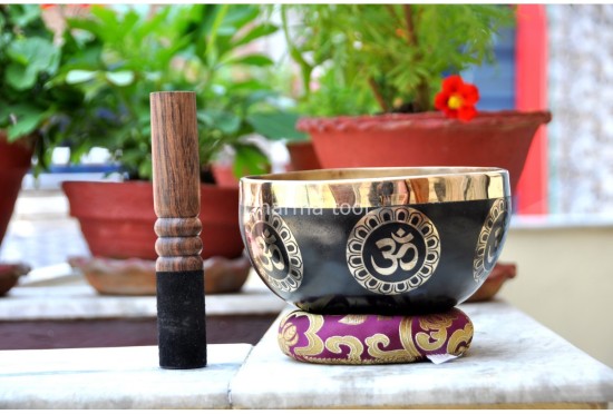 Hindu OM Etched Tibetan Singing Bowl – Black Painted Finish with Golden Interior (Multiple Size Options)