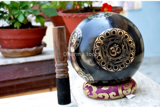 Hindu OM Etched Tibetan Singing Bowl – Black Painted Finish with Golden Interior (Multiple Size Options)