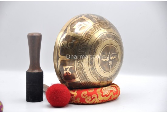 Om Mani Padme Hum Tibetan Singing Bowl with Potala Gate & Buddha Eyes