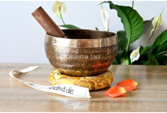 6.5-Inch Koprebati Tibetan Singing Bowl – Full Mantra Etched with Double Dorje & Tibetan OM (Handmade)