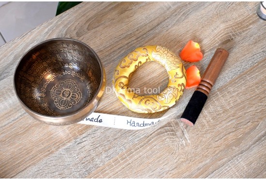 6.5-Inch Koprebati Tibetan Singing Bowl – Full Mantra Etched with Double Dorje & Tibetan OM (Handmade)