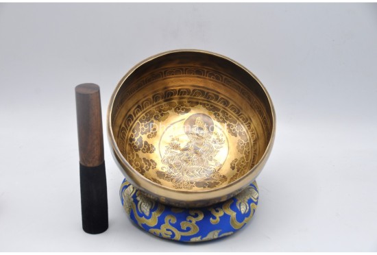 Green Tara Tibetan Singing Bowl with Mantra Engravings & Endless Knot Design
