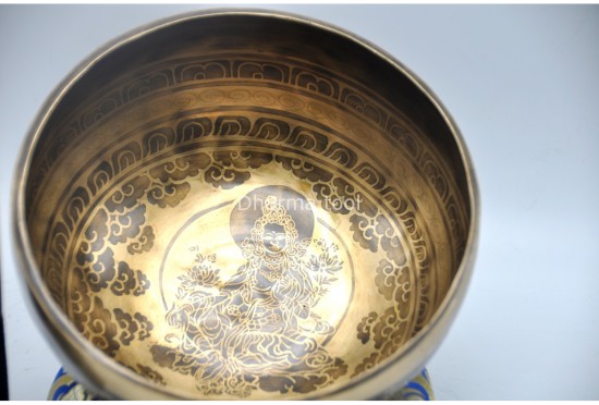 Green Tara Tibetan Singing Bowl with Mantra Engravings & Endless Knot Design