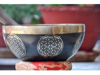 Handmade Flower of Life Tibetan Singing Bowl – Black Painted & Gold Interior (7"–12")