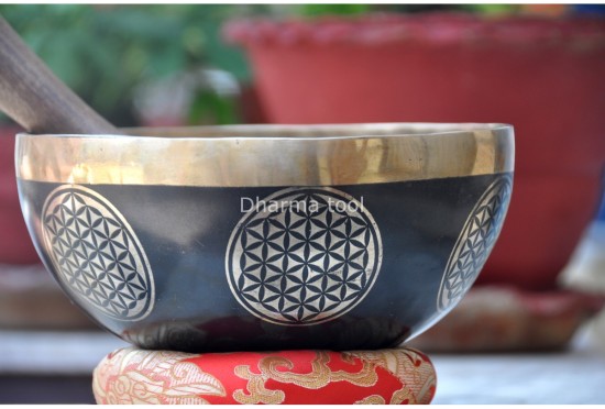 Handmade Flower of Life Tibetan Singing Bowl – Black Painted & Gold Interior (7"–12")