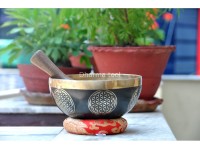 Handmade Flower of Life Tibetan Singing Bowl – Black Painted & Gold Interior (7"–12")