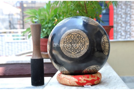 Handmade Flower of Life Tibetan Singing Bowl – Black Painted & Gold Interior (7"–12")