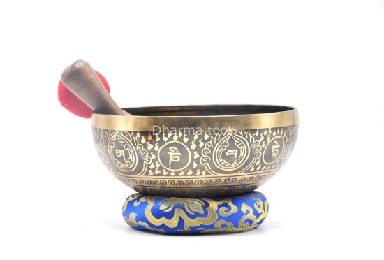 Lotus Flower Tibetan Singing Bowl with Om Mani Padme Hum Mantra & Shatkona Symbol