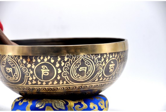 Lotus Flower Tibetan Singing Bowl with Om Mani Padme Hum Mantra & Shatkona Symbol