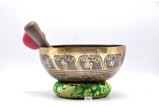 Green Tara Tibetan Singing Bowl with Om Mani Padme Hum Mantra & Double Dorje Design
